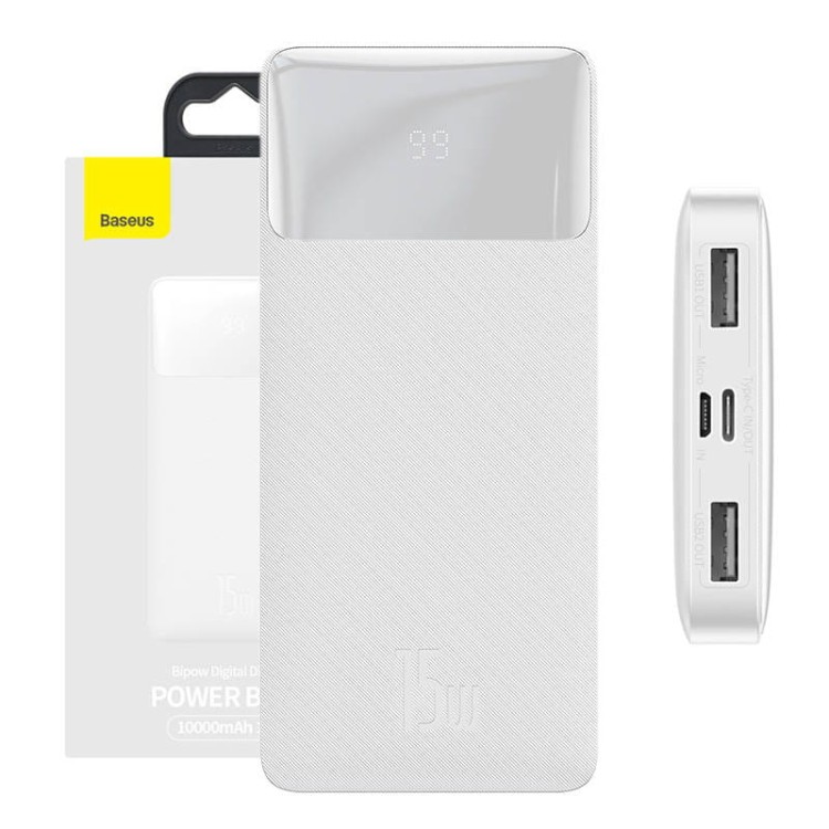 powerbank Baseus Bipow 10000mAh, 2xUSB, USB-C, 15W (biały)