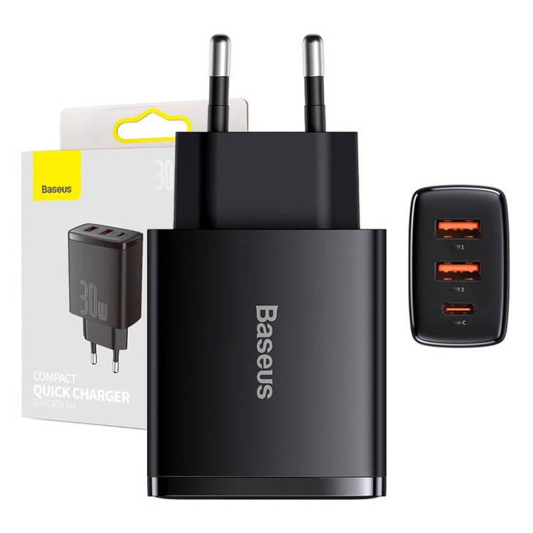 Ładowarka sieciowa Baseus Compact Quick Charger 2xUSB-A USB-C PD 3A 30W czarna