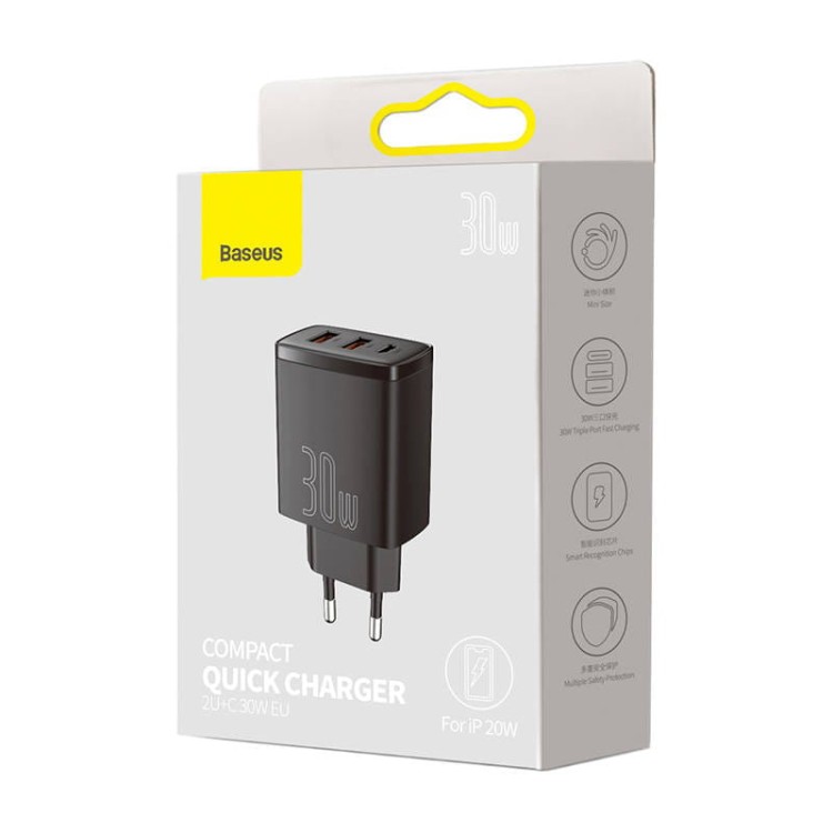 Ładowarka sieciowa Baseus Compact Quick Charger 2xUSB-A USB-C PD 3A 30W czarna