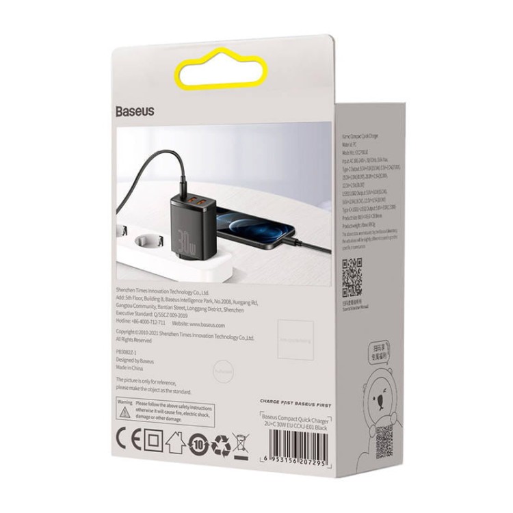 Ładowarka sieciowa Baseus Compact Quick Charger 2xUSB-A USB-C PD 3A 30W czarna