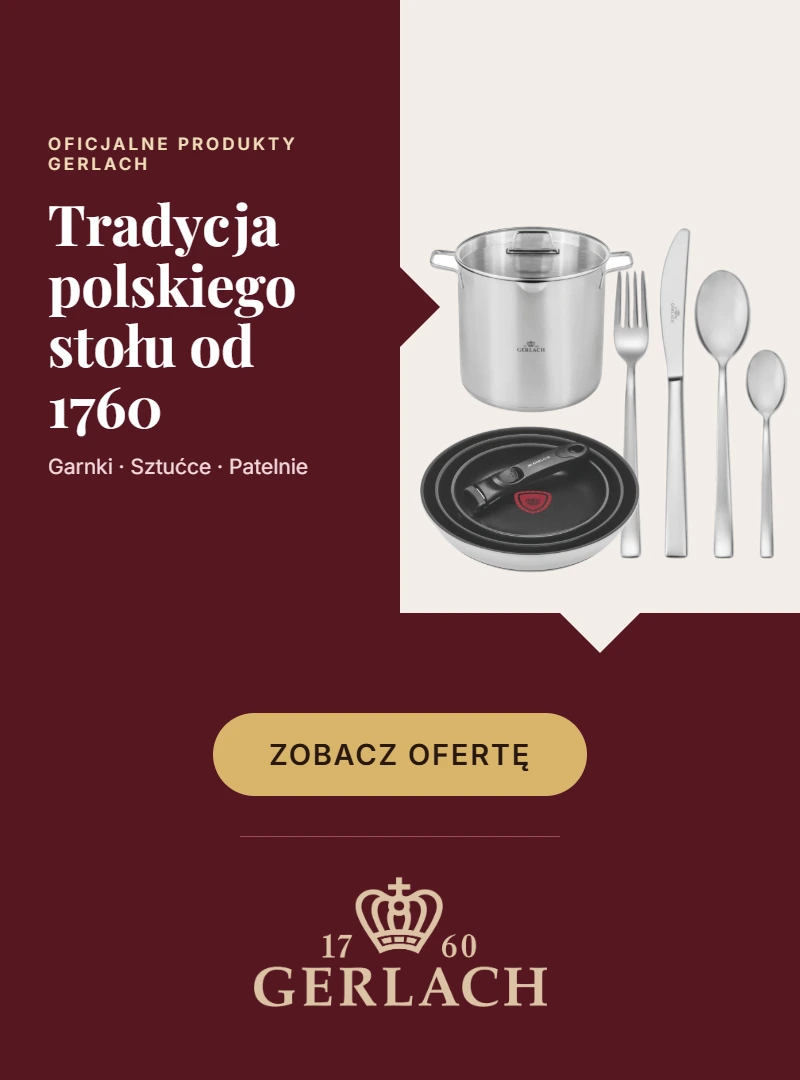 Grafika prezentuje produkty Gerlach takie jak garnki, patelnie i sztućce.
